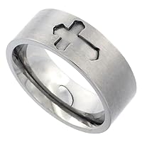 Sabrina Silver 8mm Titanium Wedding Band Cross Ring Flat Deep Carved Brushed Finish Comfort Fit Sizes 7-14