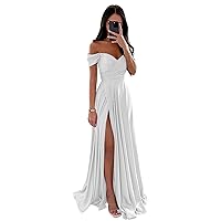 Off Shoulder Prom Dresses for Women Satin Formal Dress A Line Long Evening Party Gowns with Slit