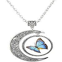 Butterfly Glass Art photo Moon Necklace Man Woman Jewelry as Gifts