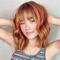 Short Orange Bob Wigs for Women,Synthetic Wavy Curly Hair Wig with Bangs for Daily