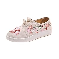 Women and Ladies Flower Embroidery Casual Frog Traveling Sneaker Plus Size Flat Shoes Beige