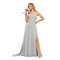 Women's One Shoulder Bridesmaid Dresses A-line Pleated Slit with Pockets Chiffon Formal Evening Gowns