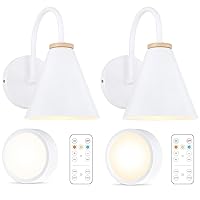Battery Operated White Faux-Wood Wall Sconce Set of Two, Easy to Install Not Wires, Remote Control Auto Timer Dimmable LED Light Bulb, Dimmable Wall Lamp Fixtures for Indoor Bedroom Farmhouse Gallery