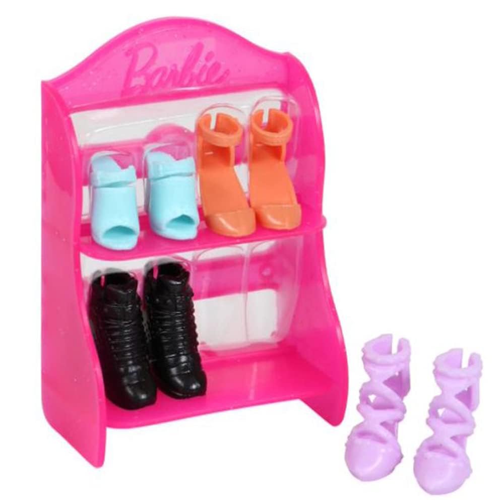 Barbie Doll Shoe Pack - GVY23 ~ Includes 4 Pairs of Doll Shoes with Shoerack - Blue, Orange and Purple Heels with Black Boots