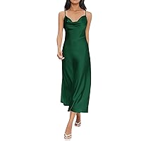Women's Summer Dresses, Solid Color Satin Suspender Dress V Neck Slim Fit Try Before You Buy Cami, XS, L