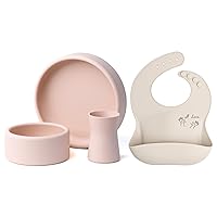 Baby Silicone Feeding Set (Blush) and Baby Sign Language Bib (Cream-All Done) Bundle