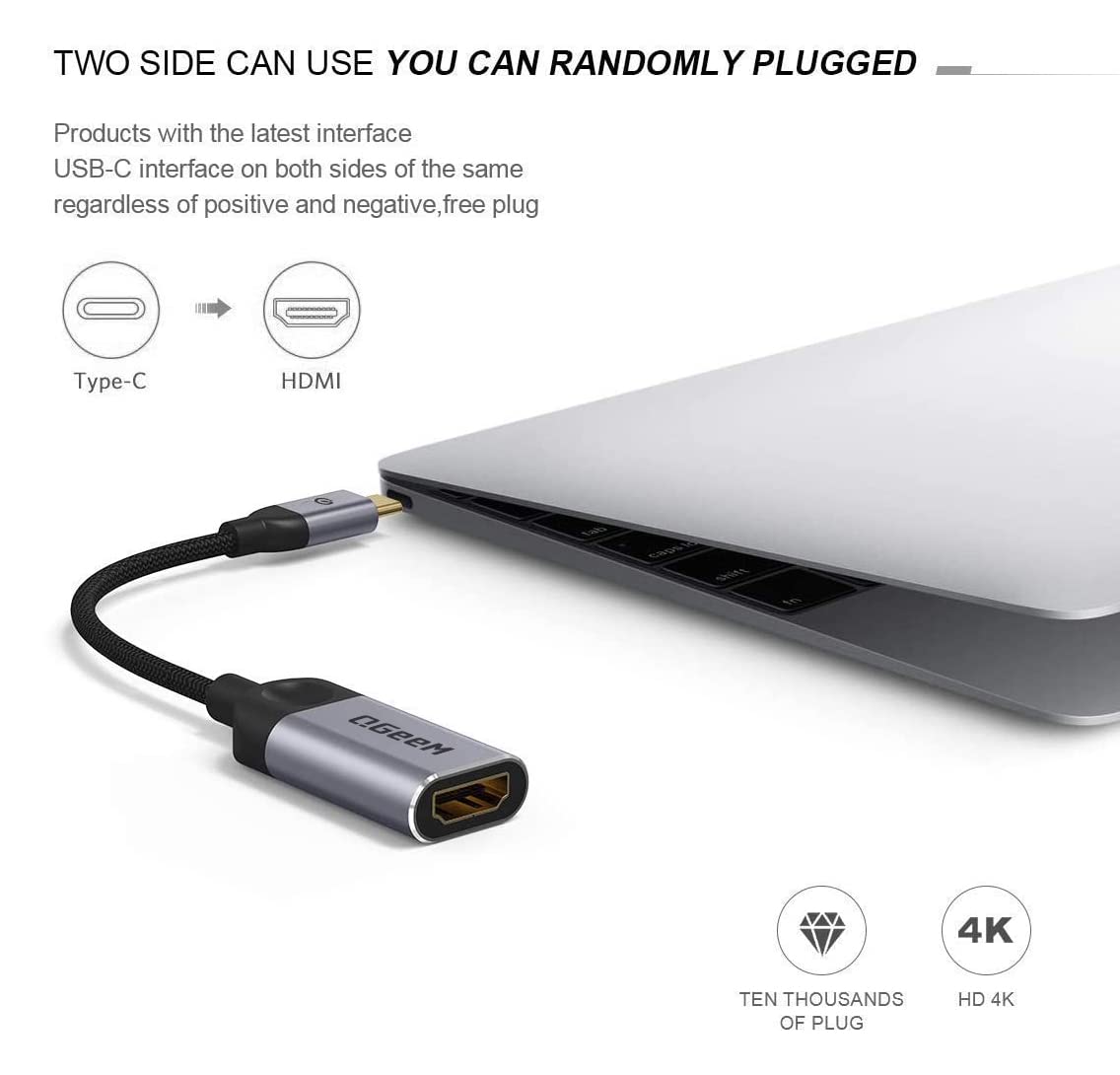 QGeeM USB C to HDMI Adapter 4K Cable, USB Type-C to HDMI Adapter [Thunderbolt 3 Compatible] Compatible with MacBook Pro 2018/2017, Samsung Galaxy S9/S8, Surface Book 2, Dell XPS 13/15, Pixelbook More