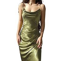 Slip Dress Women's Satin Fashion Drip Campaign Cooler Dressless Dress, Collar Neckline Casual Suspender Skirt (Color : Green, Size : XL)