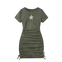 Milumia Girl's Star Pattern Short Sleeve Ruched Tshirt Dress Drawstring Fitted Short Pencil Dresses Army Green 12-13Y