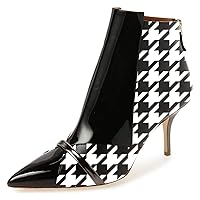 FSJ Women Glossy Mid Heel Ankle Boots Pointed Toe Bootie Chelsea Zipper Fall Fashion Winter Shoe Size 4-15 US