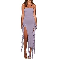 Women’s Sexy Bodycon Tube Dress Strapless Irregular Ruffle Trim Floral Tassel Split Ruched Club Party Long Dress