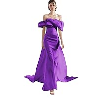 Women's Evening Gown Train Trailer Party Prom Dress Elegant Satin Off Shoulder Long Dress