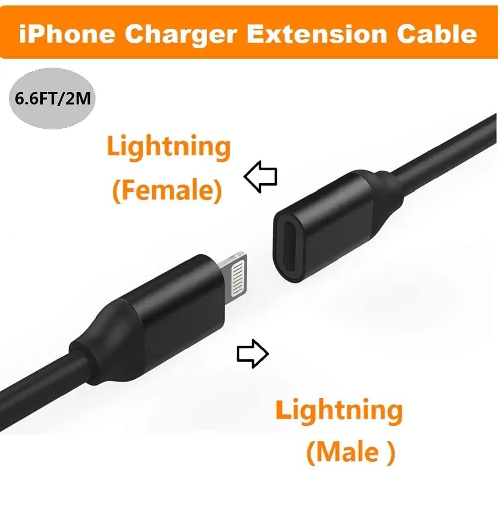 for iPhone Charger Extension Cable,6FT Lightning Extender Dock Cable Compatible with iPhone 14 Pro 13 Pro Max 12 11 X XR 8 7 6 Male to Female Cable Extension Adapter Cord Pass Video,Data,Audio (Black)