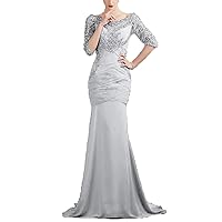 Women's Long Prom Dresses Mermaid Formal Evening Party Gowns Chiffon Beaded Half Sleeves
