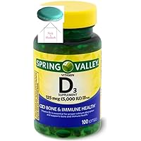 Spring Valley Vitamin D3 Softgels, 5000 IU, 100 Count + 1 Mini Pill Container (Style & Color Vary)