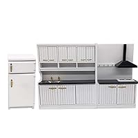 White Wooden Kitchen Cabinet Sets and Fridge for Dollhouse Miniature Furniture