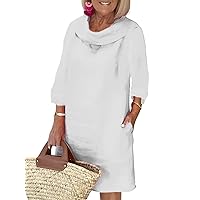 Women's Linen Midi Dress 3/4 Sleeve Turleneck A-Line Dress Summer Casual Dress with Pockets