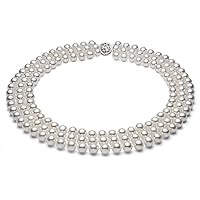 Sterling Silver Triple Strand White Freshwater Cultured Pearl Necklace for Women AA+ Quality