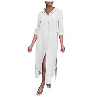 Womens Summer Casual Loose Sun Dresses Long Sleeve Button Down Turtle Neck Beach Cover Up Shirt Dress with Pockets