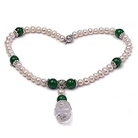 JYX Pearl Pendant Necklace 7-9mm Freshwater Cultured White Pearl Necklace and 12mm Malaysian Jade Beads with a White Crystal Pendant 18 inch