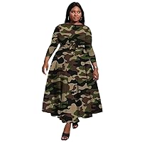 Plus Size Casual Dress for Women, All Over Print Round-Neck Knitted Maxi Dress with Pocket