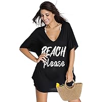 Women Swimsuit Coverup V-Neck Swimwear Bathing Suit Cover Up Cotton T-Shirt Bikini Dress