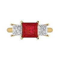 2.97ct Princess Cut 3 Stone Solitaire with Accent Simulated Red Ruby designer Modern Statement Ring Solid 14k Yellow Gold