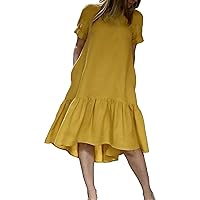 Women's Solid Color Round Neck Short Sleeve Pullover Ruffle Midi Long Casual Dresses Summer Party Dress