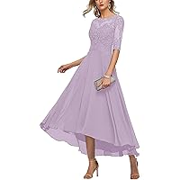 Women's Lace Applique Chiffon Mother of The Bride Dress for Wedding Half Sleeves Formal Evening Gowns Lilac US20W