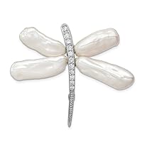 1.5mm 925 Sterling Silver Rh White Baroque Freshwater Cultured Pearl CZ Cubic Zirconia Simulated Diamond Dragonfly Slide Pin Jewelry for Women