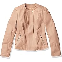 Women's Leather Collarless Jacket Real Lambskin Leather jackets Copper Moto Black And Rose Gold Butter For Womens (LARGE, BABY PINK)