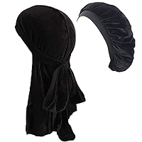 Durags and Bonnets 2pcs/Set for Men Women, Long Tail Velvet Doo rag and Turban Sleep Cap