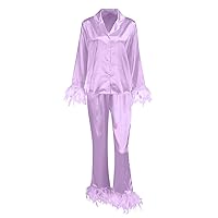 Removable Feather Pajama Set Women Satin Silk Homewear Long Sleeve Button Up Shirts and Pants 2Pcs Sleepwear Outfits
