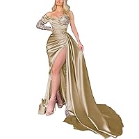 Dark Gold Mermaid One Sleeve Sequin Prom Dresses 2024 for Women with Long Train Satin Ruched Formal Evening Gown 22 PlusP
