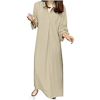 Cotton Linen Dresses for Women 2024 V Neck Shirt Dress Casual Loose Long Sleeve Lapel Collar Summer Beach Maxi Dresses