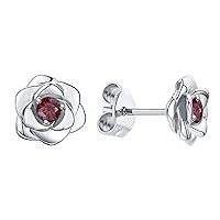 Beautiful 18K Gold Over .925 Sterling Silver Rose Flower Fashion Earring Studs for Women Girls, Red Garnet Earring