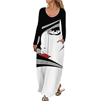 Women Casual Long Sleeve Slim Fit Printed Long Dress with Pockets Women Tunics Dresses