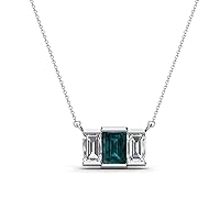 Emerald Cut (6x4 mm) London Blue Topaz & Natural Diamond 1 1/3 ctw Women Three Stone Pendant Necklace 14K Gold