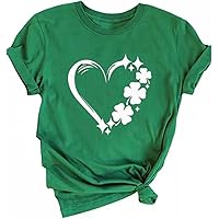 St. Patrick's Day Shirts for Women Clover Heart Print Tshirt Green Shamrock Paddy's Day Tee Tops