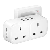 LENCENT Double Plug Adaptor with 3 USB, 2 Way Multi Plugs Plug Extension Adapter, 5-in-1 Wall Charger Adapter for Household Appliances, iPhone, Smartphone, Ideal for Home Office Bedroom, 13A 3250W
