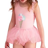 Julysand Toddler Girls One Piece Swimsuit Pink 3D Ice Cream Ruffled Bathing Suit Mesh Skirt Swimwear