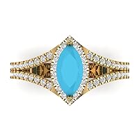 1.3 ct Marquise Cut Solitaire W/Accent split shank Halo Simulated Turquoise Anniversary Promise Bridal ring 18K Yellow Gold