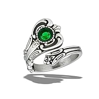 Classic Fashion Spoon Simulated Emerald Polished Ring Stainless Steel Band Sizes 6-10