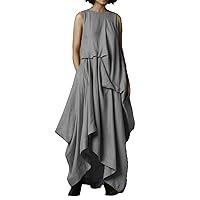 Women's Tank Dress Pleated Pockets Vintage Asymmetric Hem Long Dress Solid Casual Round Neck Summer Female Dress