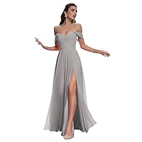 Off Shoulder Chiffon Bridesmaid Dresses with Slit Long Pleated Formal Party Dresses with Pockets for Women