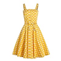 Yellow Vintage Button Front Polka Dot Summer Tank Dresses Women Evening Party Belted Midi Dress