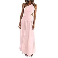 Womens Ruched Spaghetti Strap Backless Asymmetrical Dress Summer Lace-Up Back Sleeveless Pleated Split Maxi Dresses