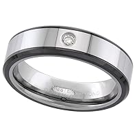 6mm Tungsten Diamond Wedding Ring for Him & Her Beveled Black Ceramic Edges Comfort fit, sizes 4 to 9.5