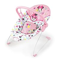 Bright Starts Disney Baby Minnie Mouse Baby Bouncer Soothing Vibrations Plush Infant Seat - Removable Toy Bar, Nonslip Feet, 0-6 Months Up to 20 lbs (Spotty Dotty)