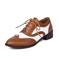 Women's Classic Lace-up Oxfords Brogue Low Heels Leather Wingtip Derby Shoes Casual Formal for Girls Ladis Women